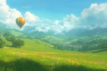 Fototapeta premium Colorful hot air balloon over alpine meadow with mountains and rainbow