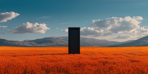 A solitary black monolith stands in a vibrant orange field under a blue sky, surrounded by mountains and scattered clouds.