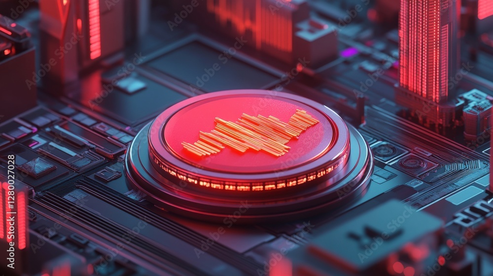 Poster close-up view of a futuristic microchip with glowing red elements on a circuit board