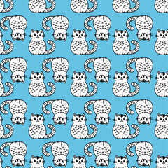Hand drawn black and white cat. Seamless vector pattern for fabric, background