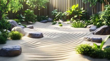 Serene Zen Garden: A Tranquil Oasis of Sand, Stone, and Greenery
