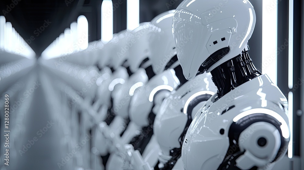 Aufkleber futuristic robots lined up in a high-tech corridor