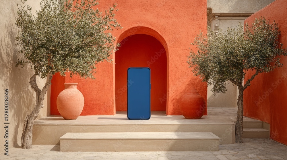 Poster mediterranean design with vibrant terracotta wall and blue minimalist object creating a compelling a