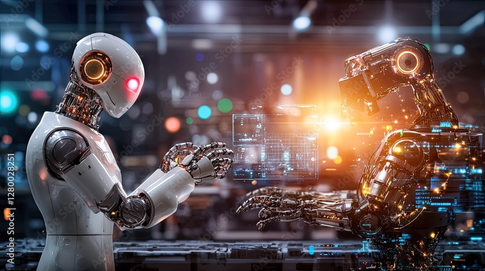 Poster robots engaging in a digital interface in a futuristic environment
