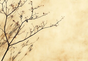 Delicate Branches Casting Shadows on a Soft Yellow Wall Creating an Aesthetic Natural Contrast and Serenity in Minimalist Design