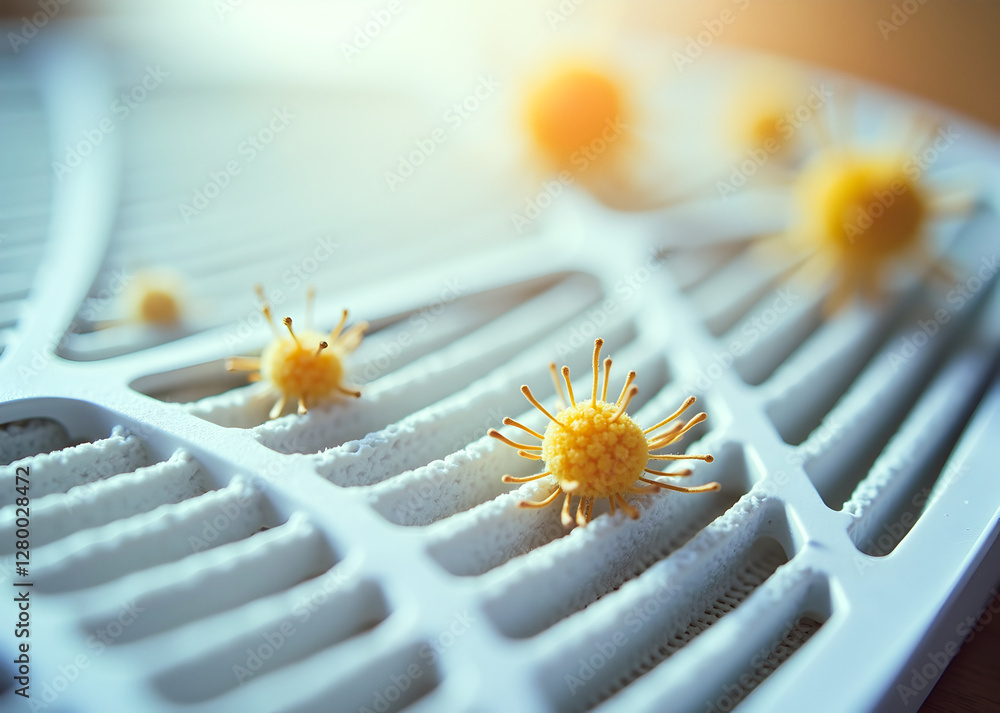 Poster microscopic pollen grains trapped on a filter; a close-up view of nature's tiny wonders.