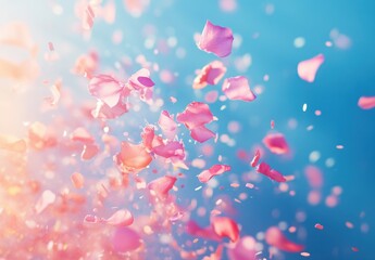 Delicate Pink Petals Floating in the Air Against a Soft Blue Background Creating a Dreamy and Serene Atmosphere Perfect for Nature Themes