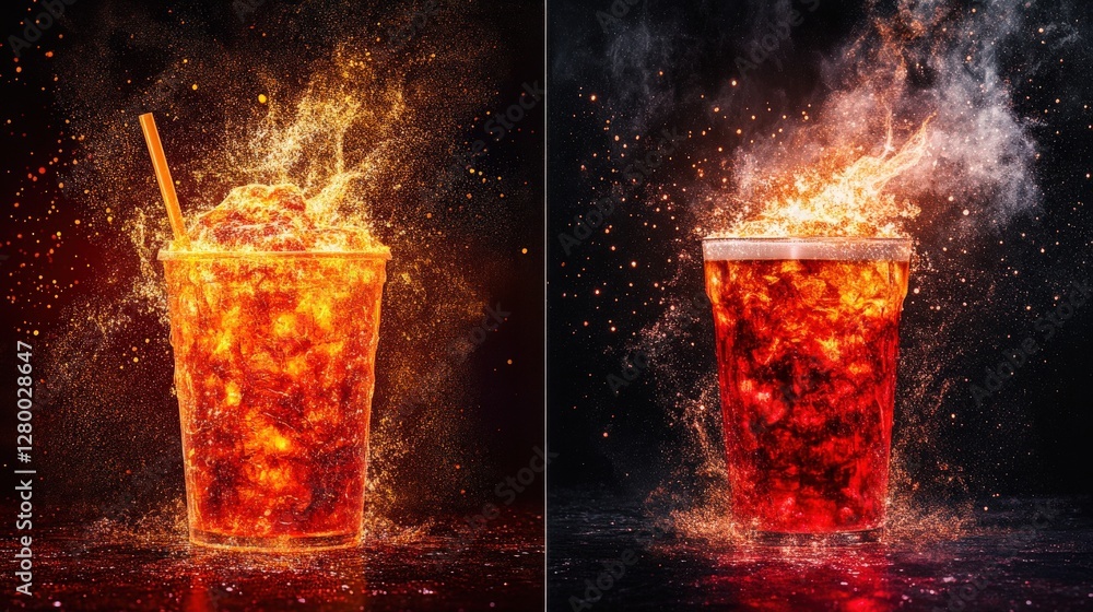 Poster vibrant splash of refreshing drink in two glasses, capturing dynamic liquid motion and texture