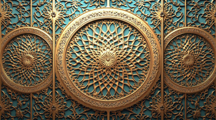 ornate gold and teal latticework with intricate islamic geometric patterns featuring luxury wall and ceiling decor in arabesque wallpaper and muqarnas-inspired designs