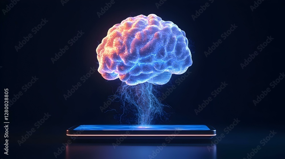 Poster digital brain hologram projected over a tablet, showcasing advanced technology and innovation in a f