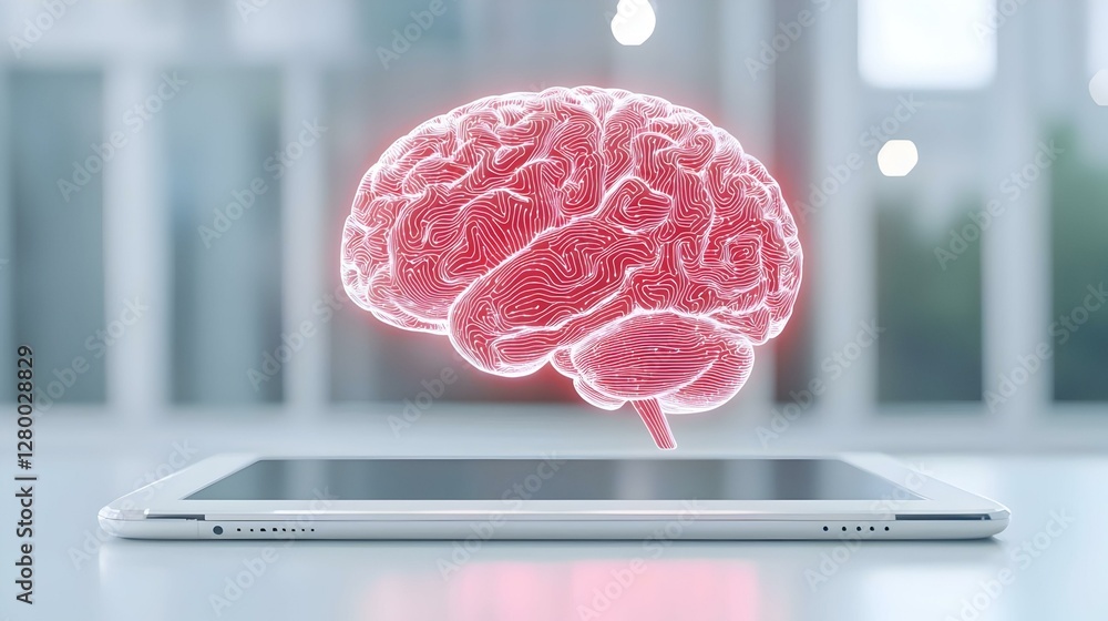 Poster digital brain hologram hovering over a tablet, showcasing advanced technology and innovation in arti