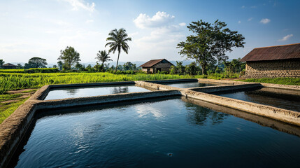 Environmental crisis. Scenic rural landscape with water tanks and lush greenery.