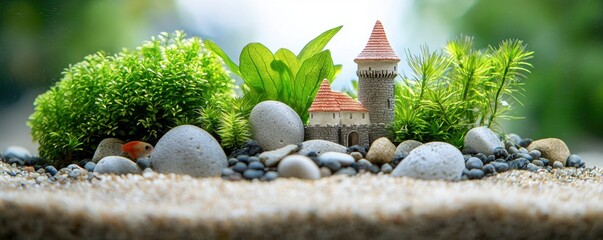A miniature castle surrounded by lush greenery, smooth stones, and sand, creating a serene, whimsical landscape.