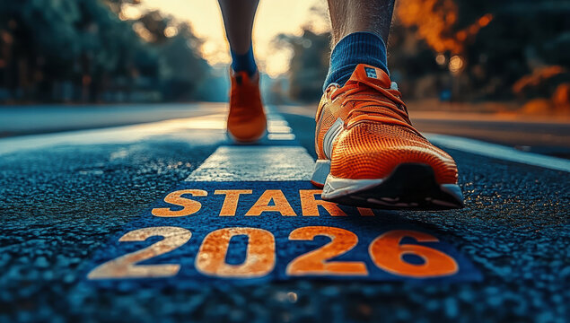 Close up of runner shoe on starting line, symbolizing determination and readiness for race ahead. vibrant orange shoe contrasts with asphalt