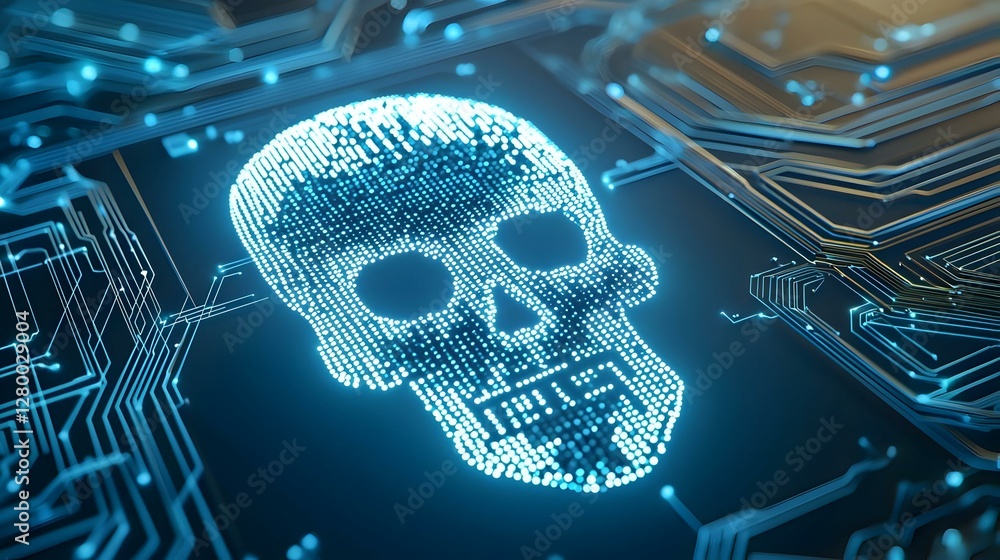 Poster digital skull outline enveloped by intricate circuit patterns, symbolizing the fusion of technology 