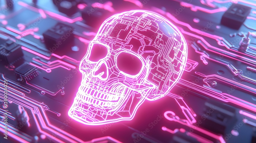 Poster digital skull design, intricate circuit patterns enveloping a skeletal outline, merging technology w