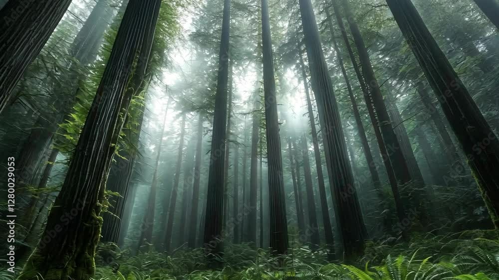 Poster majestic forest with towering trees shrouded in mist at dawn in a tranquil wilderness setting