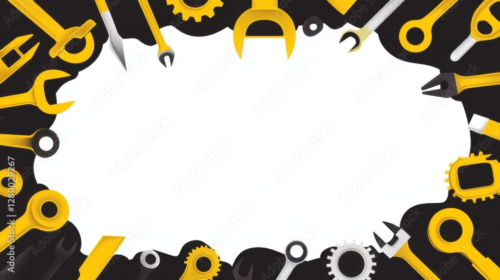 Poster tools and equipment frame with yellow and black design elements