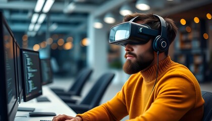 Blending Reality and Tech: Man Engages in Virtual Experience Surrounded by Screens