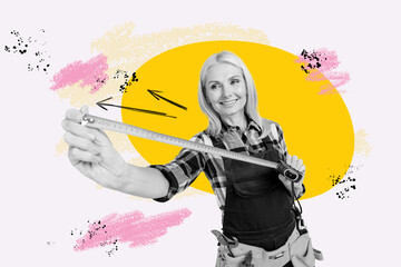 Obraz premium Composite 3D photo collage design trend sketch of woman smile hand hold measure ruler worker uniform repair engineer handyman stuff