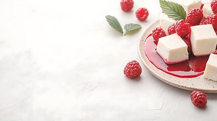 Delicious raspberry pudding with fresh raspberries on a plate gourmet dessert bright minimalist style food photography