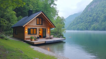 Fototapeta premium Lakeside Cabin Evening Serenity