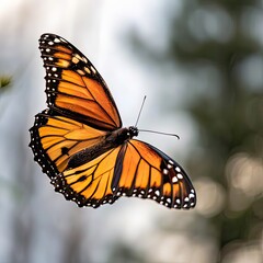 Monarch Butterfly in Flight with Orange and Black Wings and White Spots
