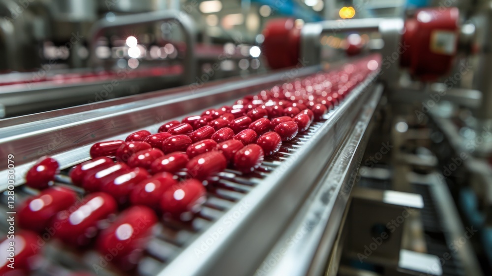 Poster red capsules are arranged in rows as they travel along a conveyor belt in a pharmaceutical manufactu
