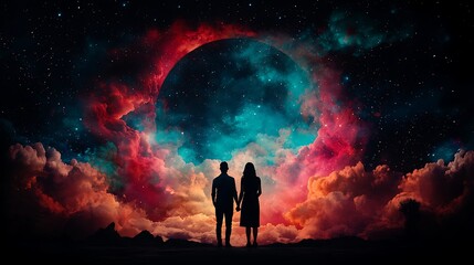 Stargazing couple embraces cosmic beauty dreamy landscape digital art night sky romantic atmosphere