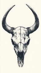 Fototapeta premium Bull skull drawing, white background, tattoo design