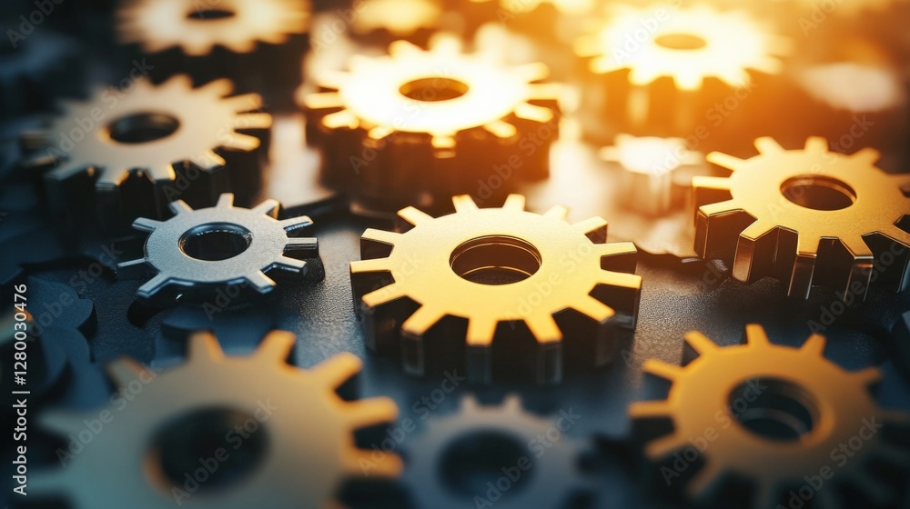 Poster close-up view of interlocking metallic gears reflecting warm light in an industrial setting