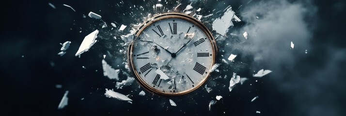 Exploding clock symbolizes the chaos and stress of multitasking and managing deadlines. Fragments scatter, illustrating the pressure of time constraints in a hectic work environment
