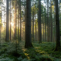 Sun Rays Through Tall Trees in Dense Green Forest Landscape