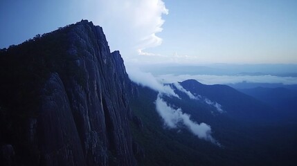 Majestic mountain peak, cloudscape, aerial view, travel brochure