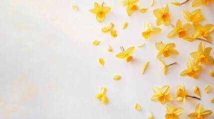 Vibrant yellow daffodils against a bright white background, negative space.
