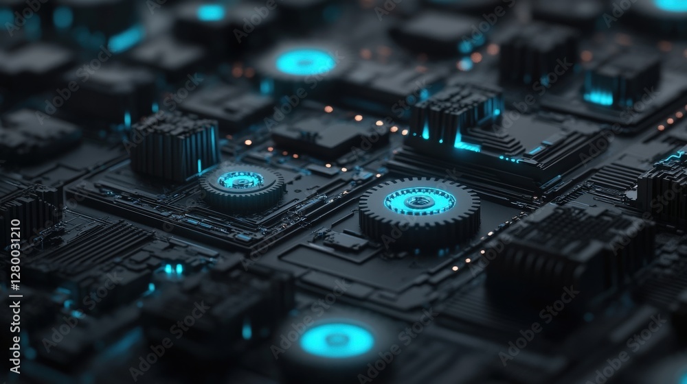 Aufkleber futuristic circuit board with glowing blue elements and intricate designs in a tech environment