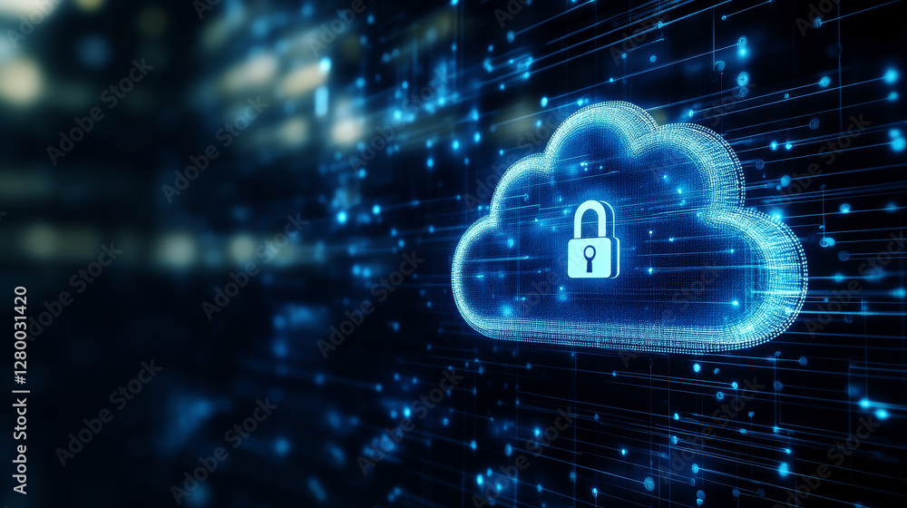 Poster cloud computing security. cloud with padlock icon on dark background. concept of data protection, cy