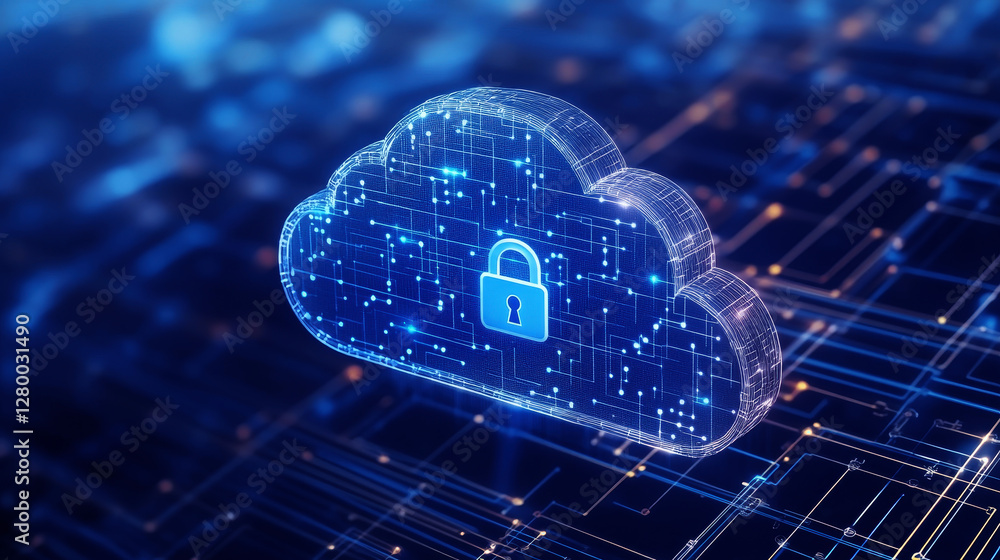 Poster cloud computing security. cloud with padlock icon on dark background. concept of data protection, cy