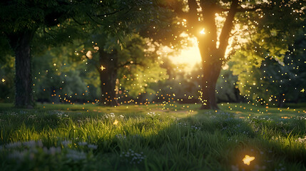Fototapeta premium Enchanted Meadow, Golden Hour Illuminates a Fairytale Landscape with Fireflies