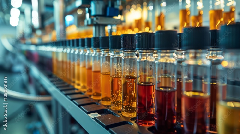 Poster rows of test tubes containing various vibrant liquids are meticulously arranged on a laboratory benc