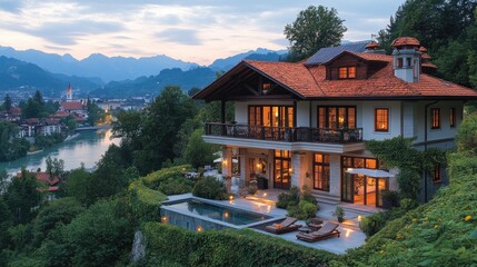 Obraz premium Luxury Lakeside Villa Sunset, Alpine Town Background