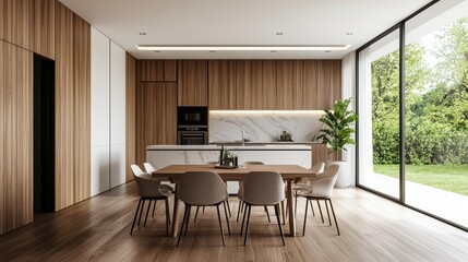Modern kitchen and dining area with natural light