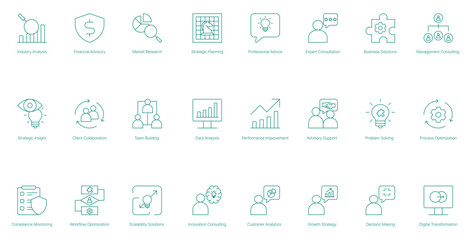 Industry Analysis, Financial Advisory, Market Research, and Digital Transformation Icons