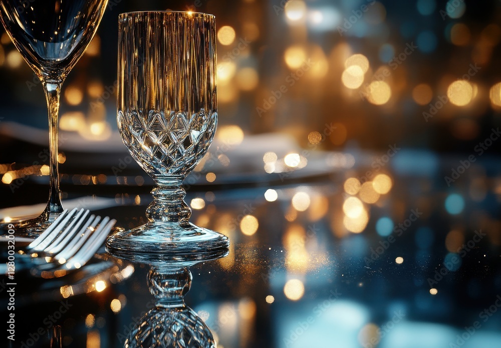 Poster elegant dining table setting with shimmering crystal glassware and gentle bokeh background in a warm