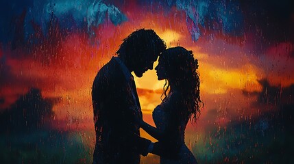 Romantic embrace under rain sunset beach photography emotional atmosphere silhouette view love concept