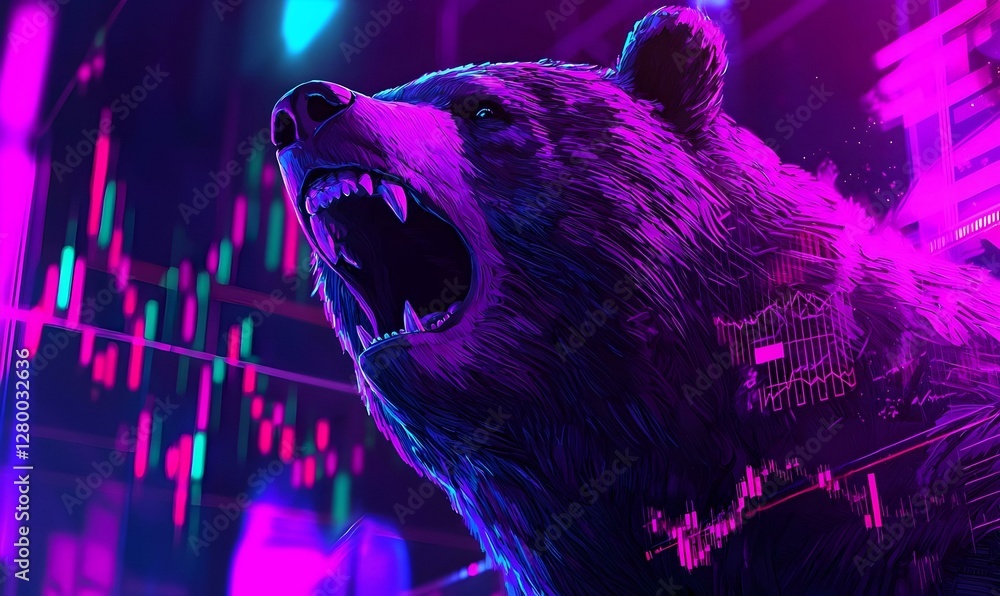 Poster bear trader in action, a vibrant depiction of a bear trader deeply focused on market trends, surroun