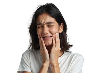 A young woman is experiencing facial pain, likely a toothache. She's grimacing with her eyes closed