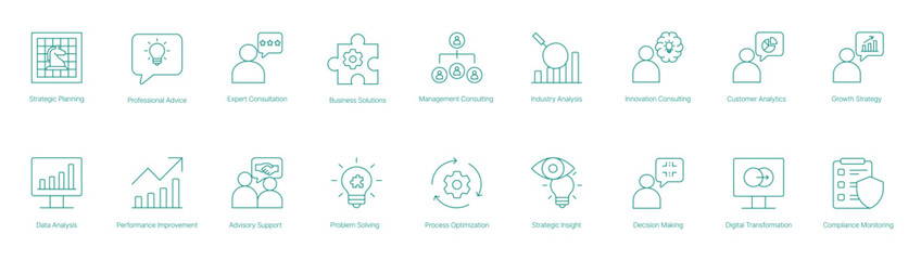 Strategic Planning, Innovation Consulting, Customer Analytics, and Business Growth Icons