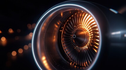Close-up of a glowing aircraft jet engine turbine