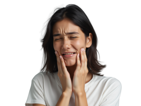 A young woman is experiencing facial pain, likely a toothache. She's grimacing with her eyes closed